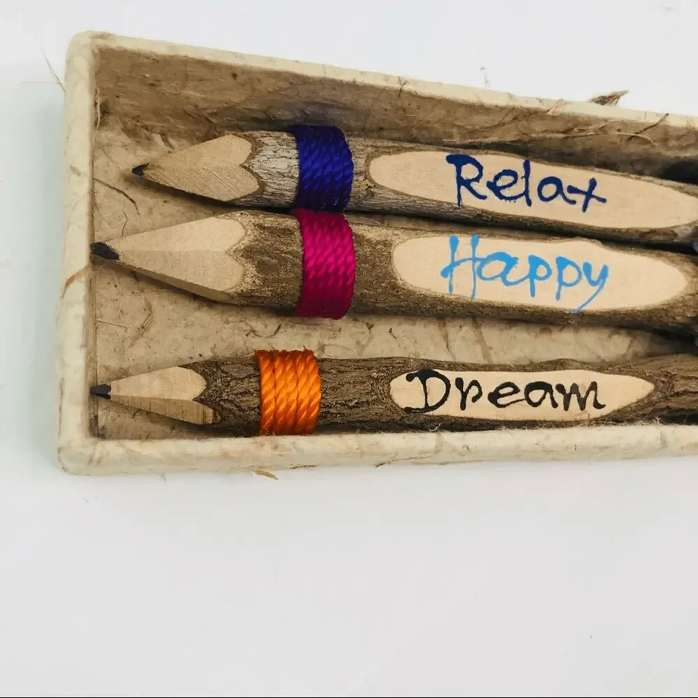 Handmade Natural Twig Pencil Set 3pc Relax Happy Dream Wood Branch Pencils Boxed